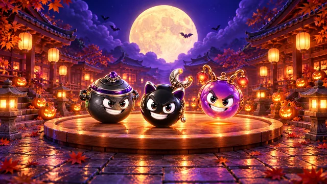 Season 2 art: three Halloween skins on the dojo ring at night